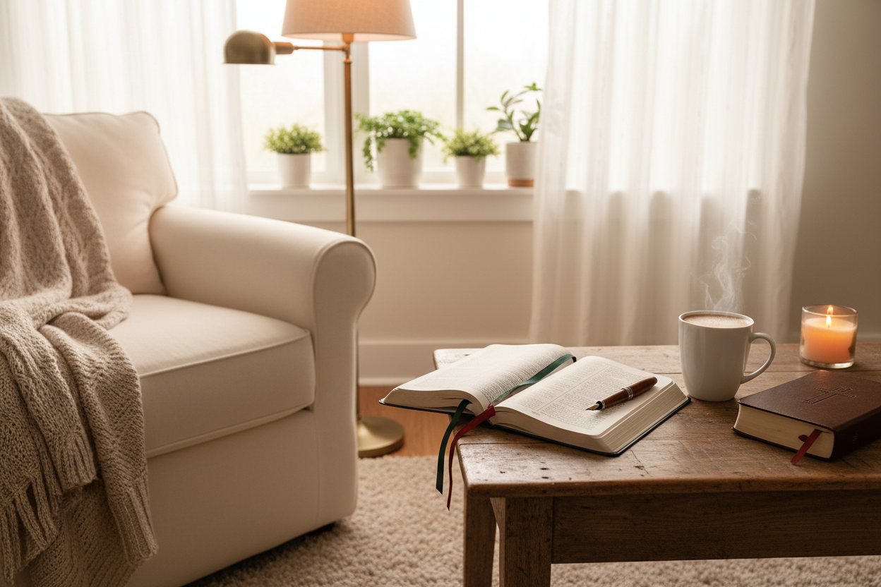 Cozy Hero Image - Journal, Bible, Latte and Pen